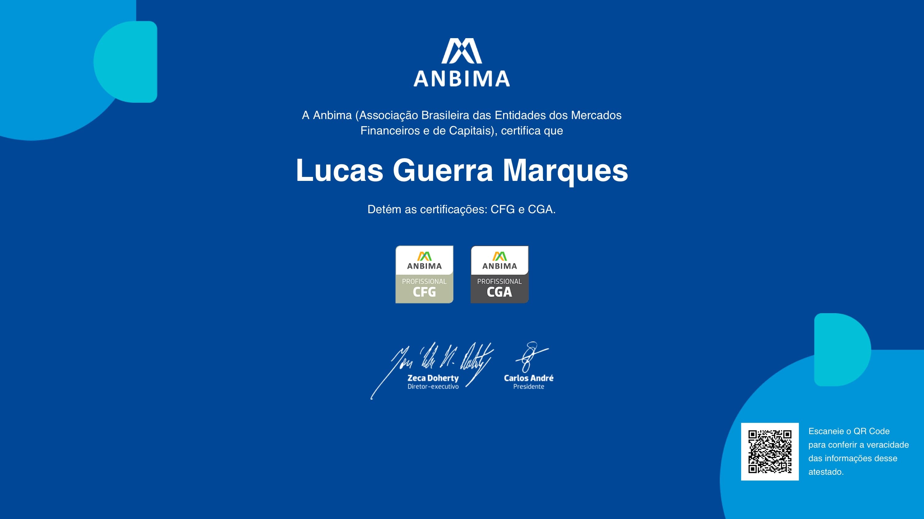 Certificado ANBIMA de Lucas Guerra Marques, certificações CFG e CGA
